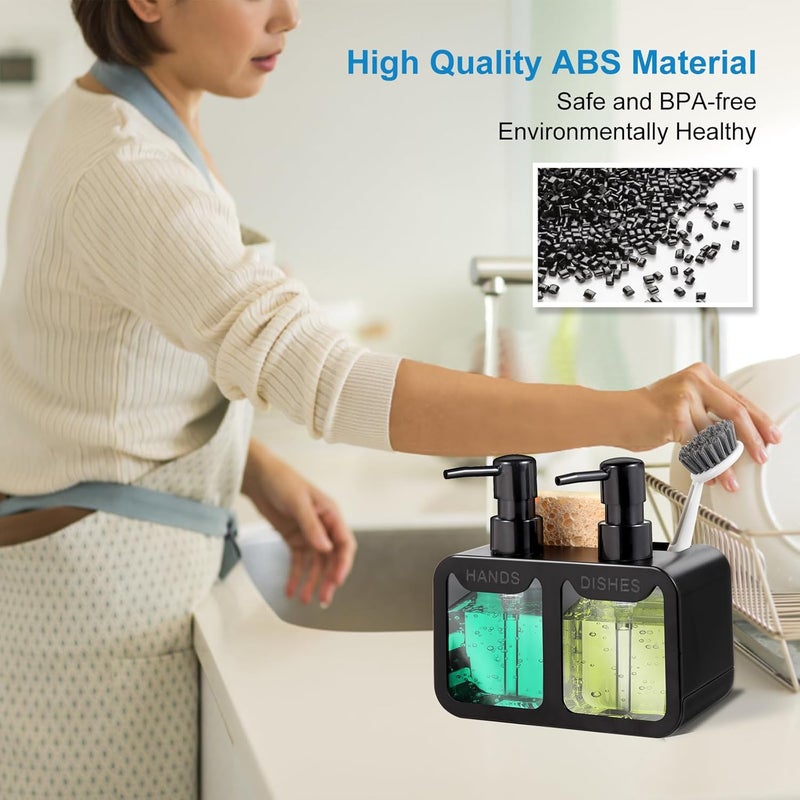 Eavida Kitchen Soap Dispenser Set, with Hand and Dish Soap, Sponge Caddy and Brush Holder 4-in-1 Kitchen Dual Soap Dispenser Set for Kitchen Sink, Bathroom - Black - Image 3